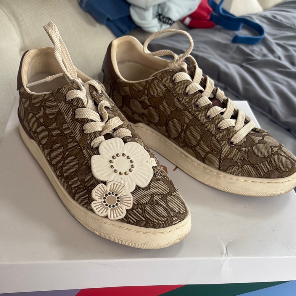 Coach Brown Signature Sneakers with Floral Accent